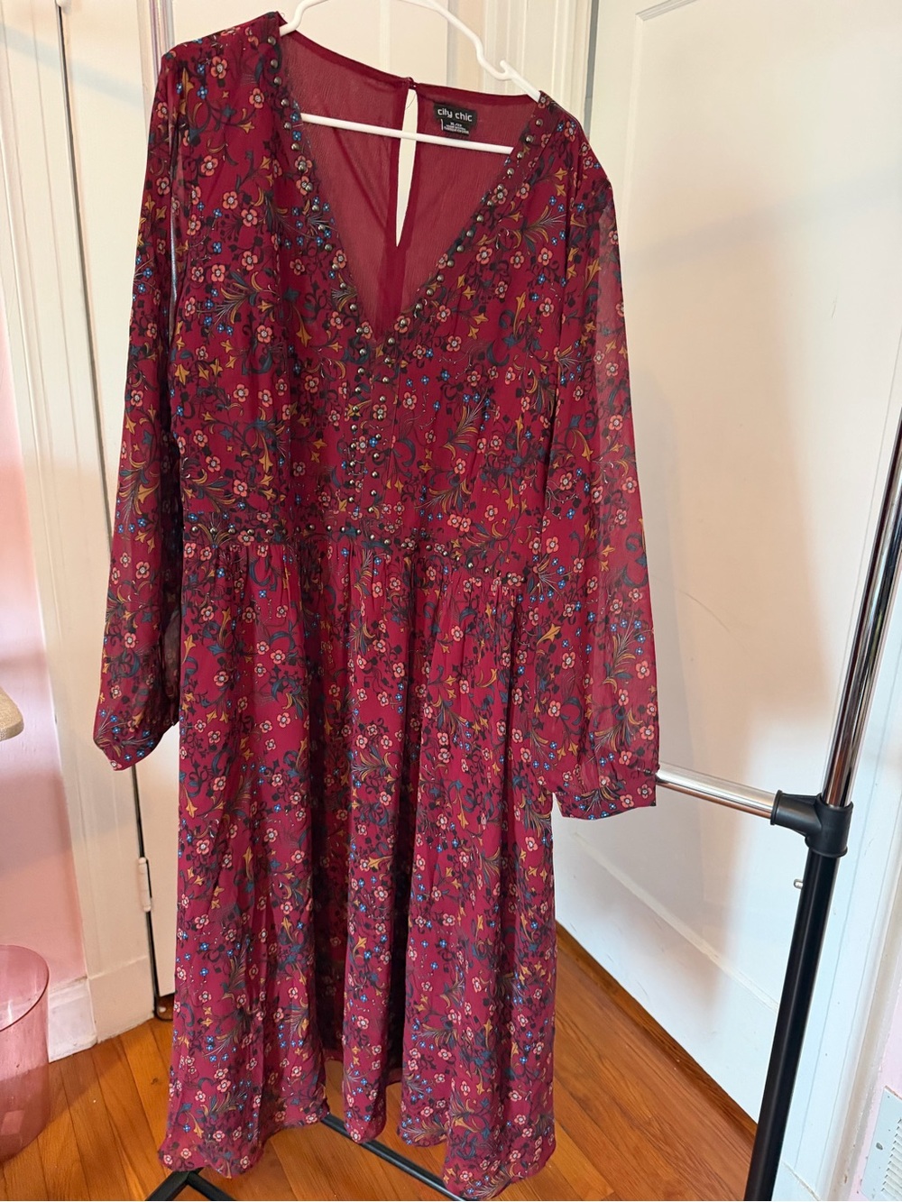 City Chic Wine Floral Long Sleeve V-Neck Dress
